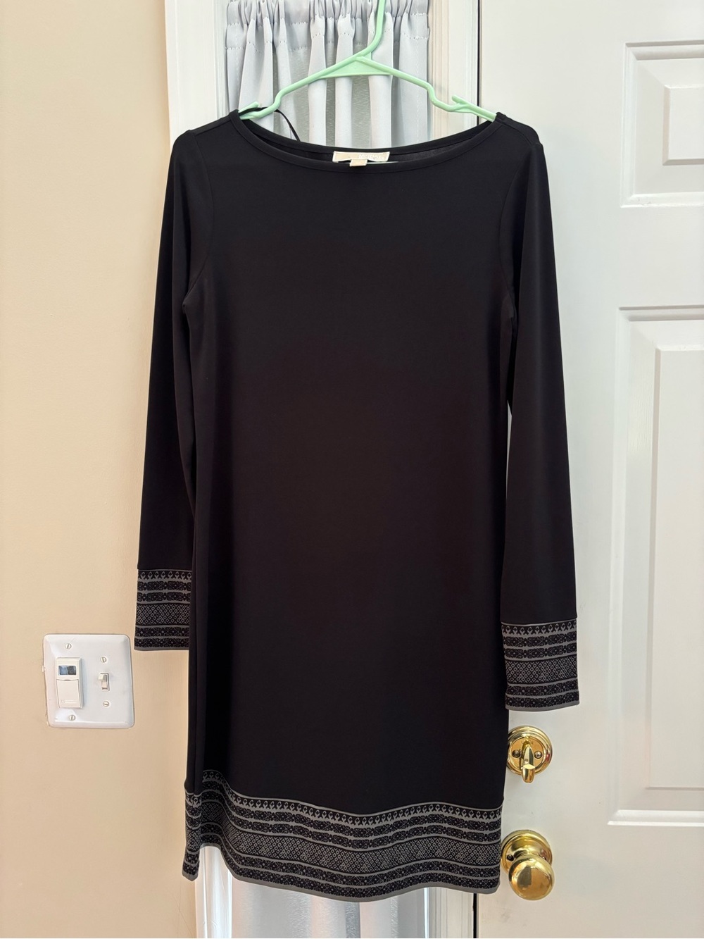 Michael Kors Black Long-Sleeve Shift Dress with Patterned Trim